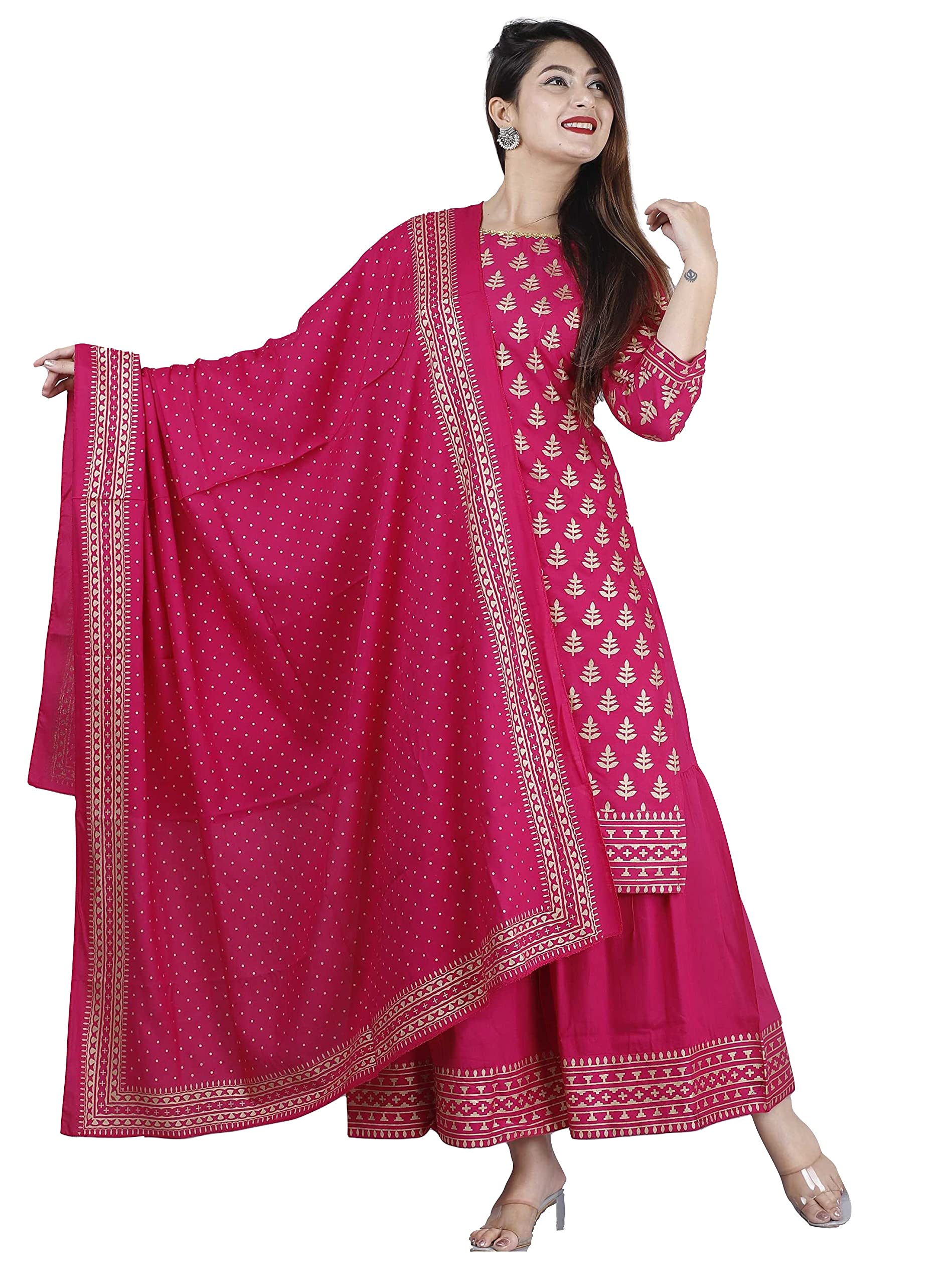 ANNI DESIGNER Women's Rayon Foil Printed Straight Kurta with Palazzos & Dupatta (AMISHA RED_M_Pink_Medium)