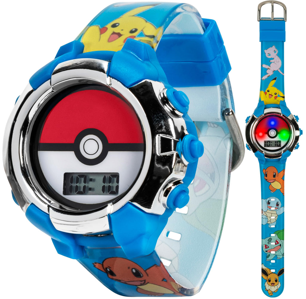 Accutime Kids Pokemon Pokeball Digital LCD Quartz Blue Wrist Watch with Blue Strap, Cool Inexpensive Gift & Party Favor for Boys