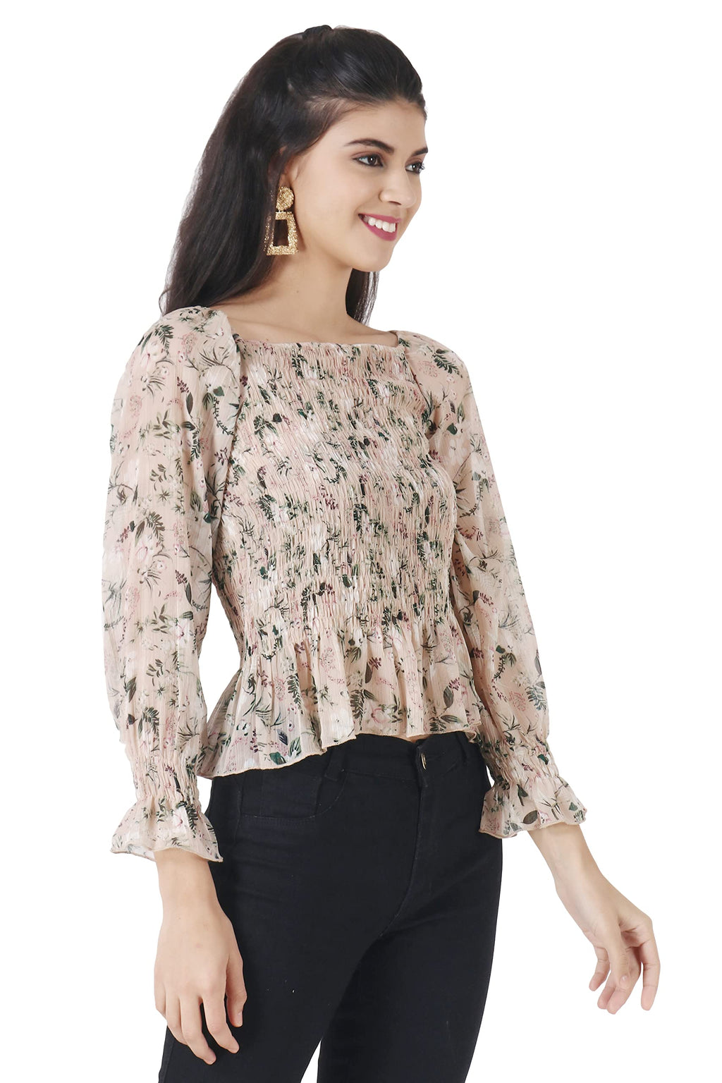 POPWINGS Casual Floral Print Chiffon Tops for Women || Full Sleeves Summer Tops for Women || Square Neck Smocking Pattern Tops f