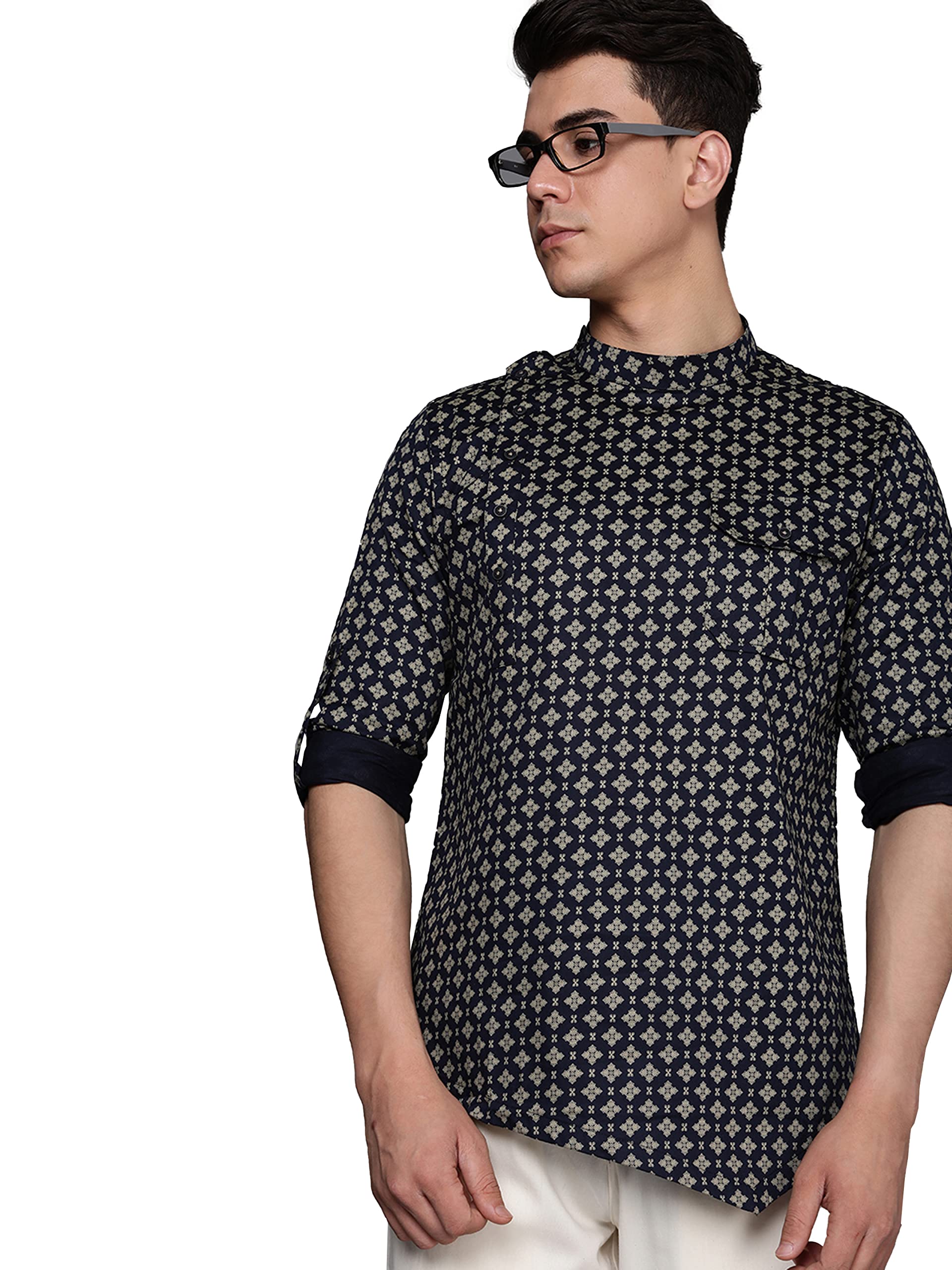 Manyavar Printed Cotton Full Sleeves Short Kurta For Men (Blue, L)