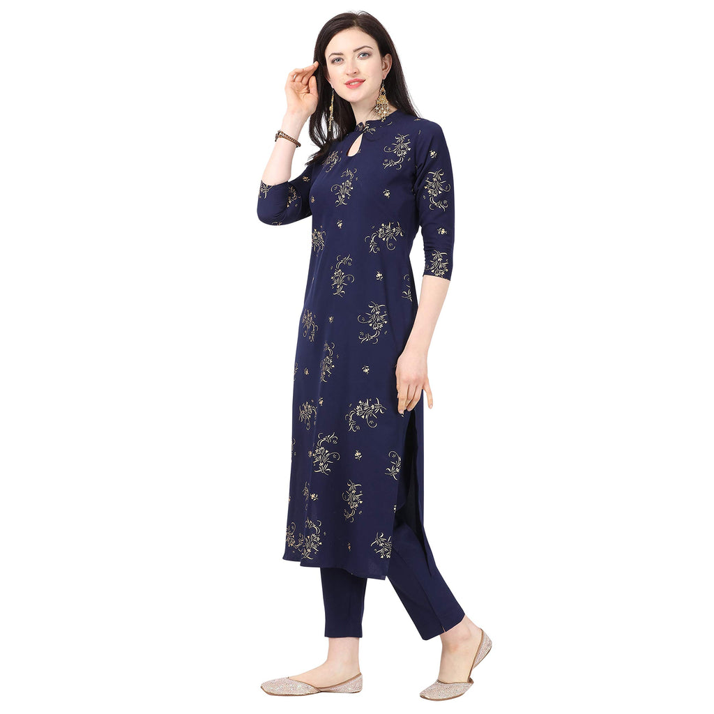 Nainvish Blue Color Crepe Stitched Kurti With Pant Set For Women