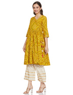 Anubhutee Women'S Rayon Mustard Yellow Gota Patti Work Bandhani Printed Anarkali Kurta Suit Set With Palazzo
