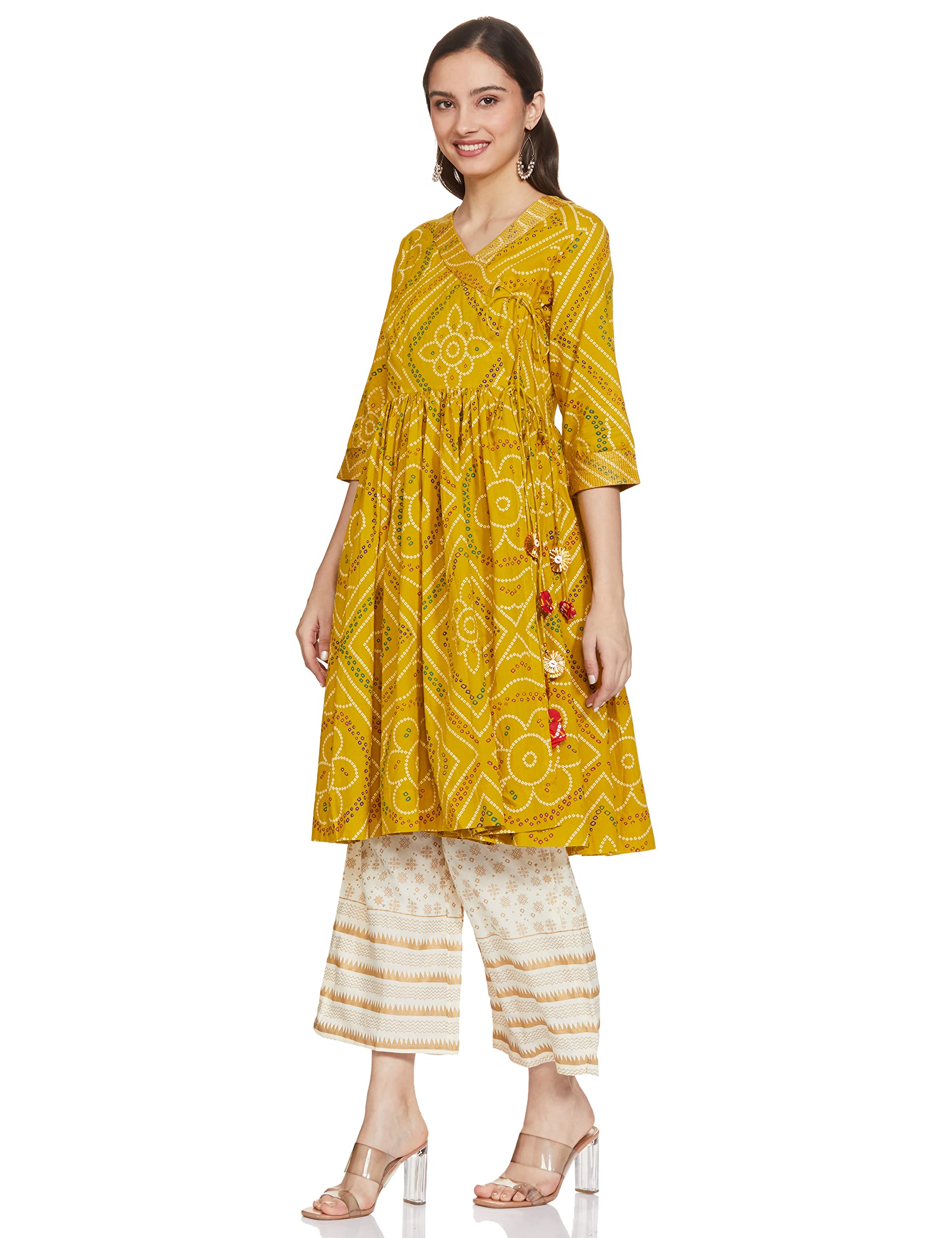 Anubhutee Women'S Rayon Mustard Yellow Gota Patti Work Bandhani Printed Anarkali Kurta Suit Set With Palazzo