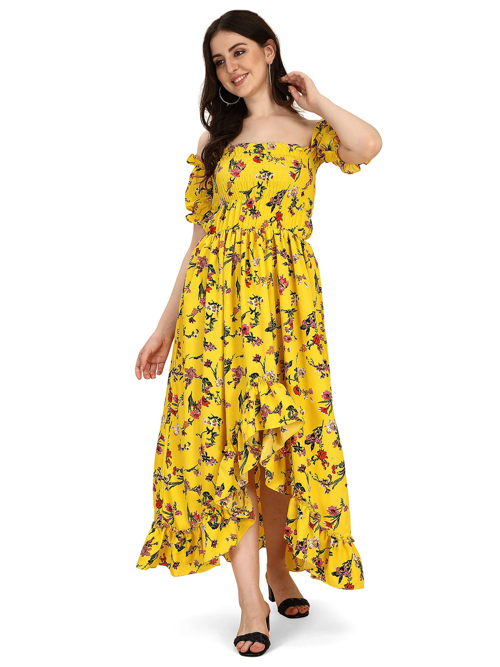 Oomph! Flared Dress For Women Stylish | Long One Piece For Women | Off Shoulder Puff Sleeve Long Dress | Floral Print Maxi One P