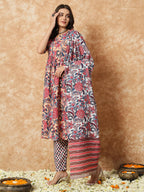 Fashion Basket Women'S Cotton Printed Anarkali Kurta Beige