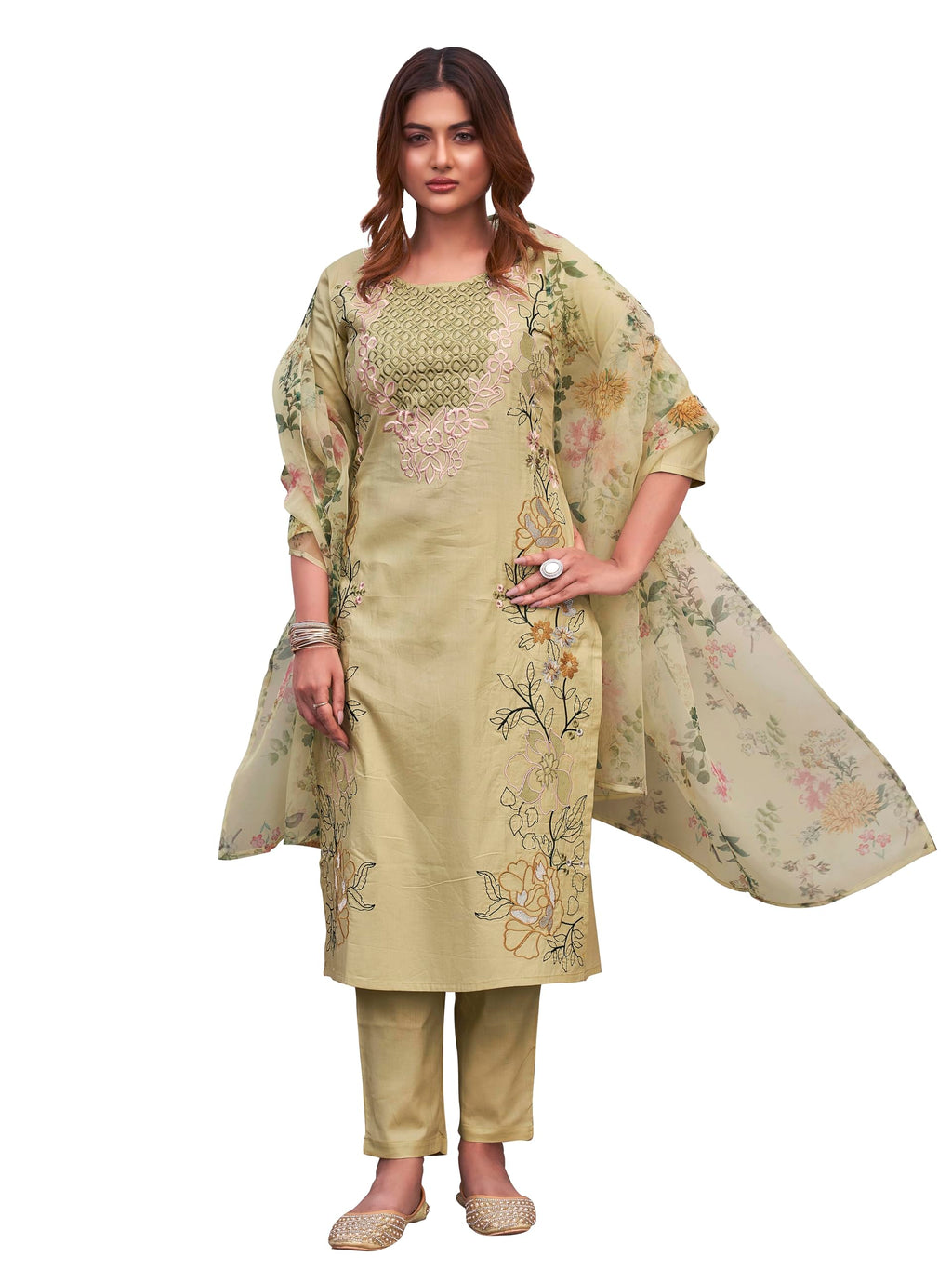 Womanista Women'S Cotton Blend Solid Straight Embroidered Kurta Set (Kurtaset_1376_Pista Green