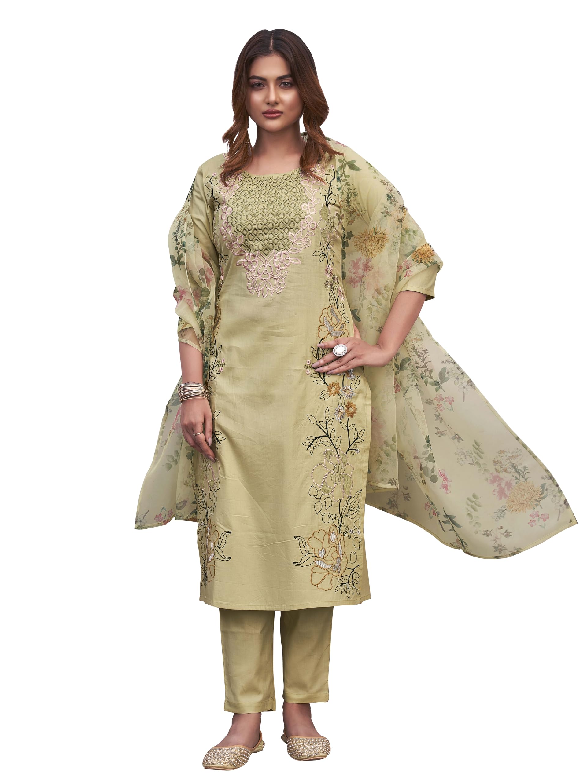 Womanista Women'S Cotton Blend Solid Straight Embroidered Kurta Set (Kurtaset_1376_Pista Green