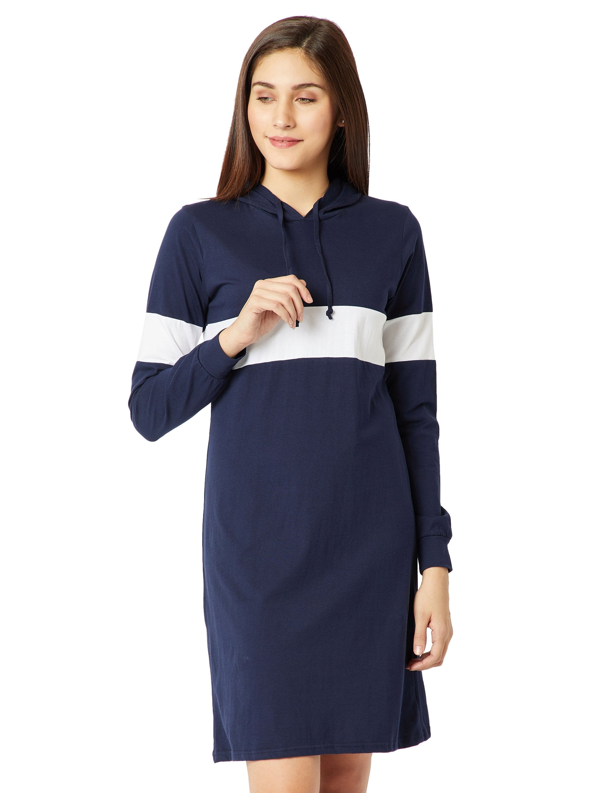 Miss Chase WomenS Cotton A-Line Hooded T-Shirt Dress(Mcaw17D09-89-154-06,Navy Blue And White,X-Large)