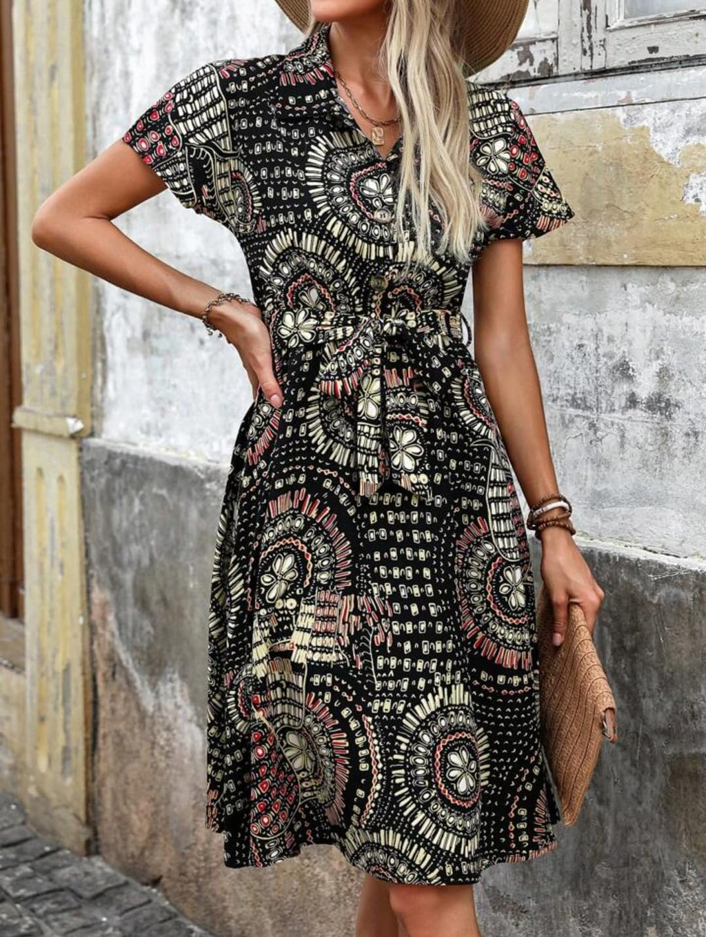 Gufrina Dresses For Women || Short Sleeve ||All Over Geometric Print|| Collar-Neck And Regular Sleeves || Front Open Button & Hi