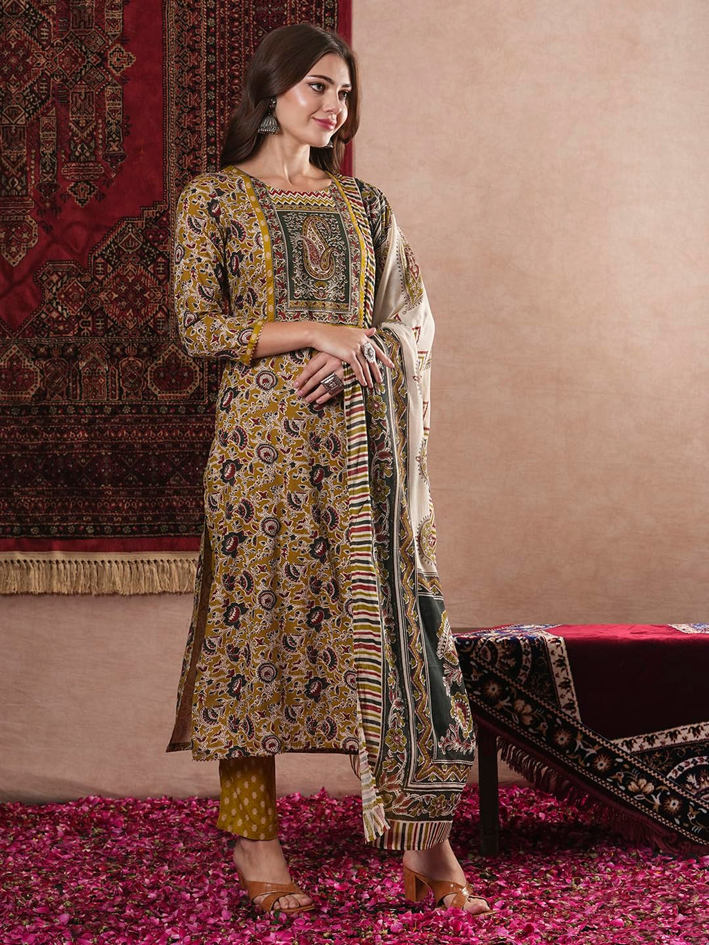 ANNI DESIGNER Ladies Cotton Blend Straight Print Cropped Trousers and Dupatta Kurta, Mustard, L