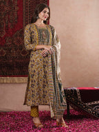 ANNI DESIGNER Ladies Cotton Blend Straight Print Cropped Trousers and Dupatta Kurta, Mustard, L