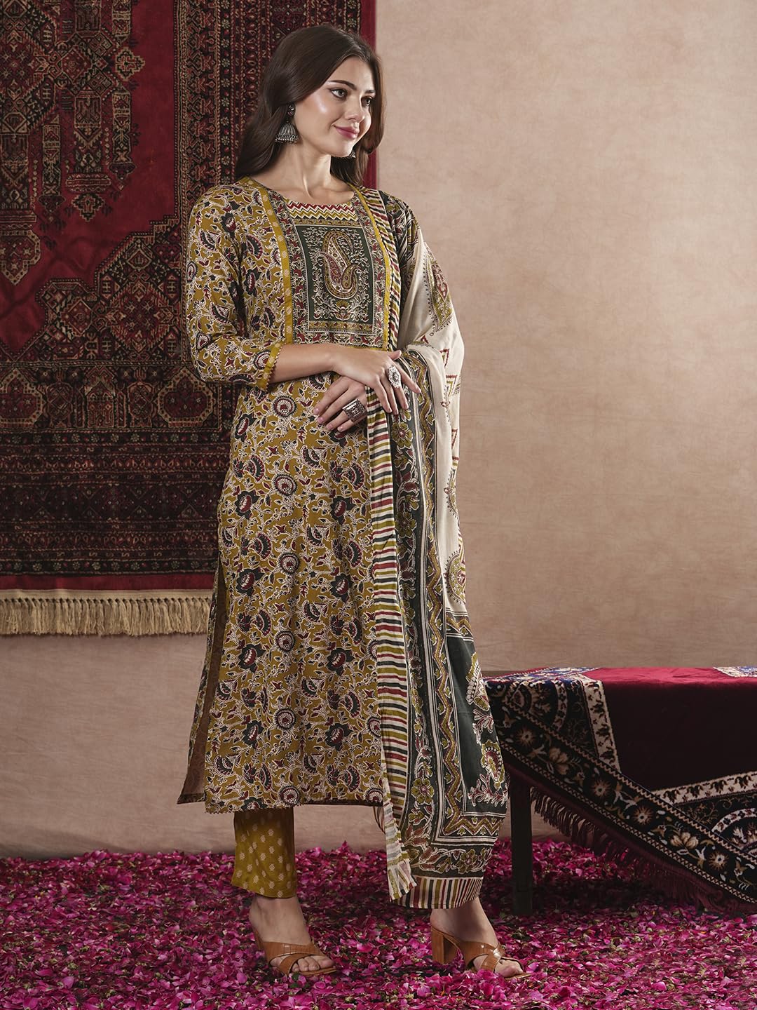 ANNI DESIGNER Ladies Cotton Blend Straight Print Cropped Trousers and Dupatta Kurta, Mustard, L