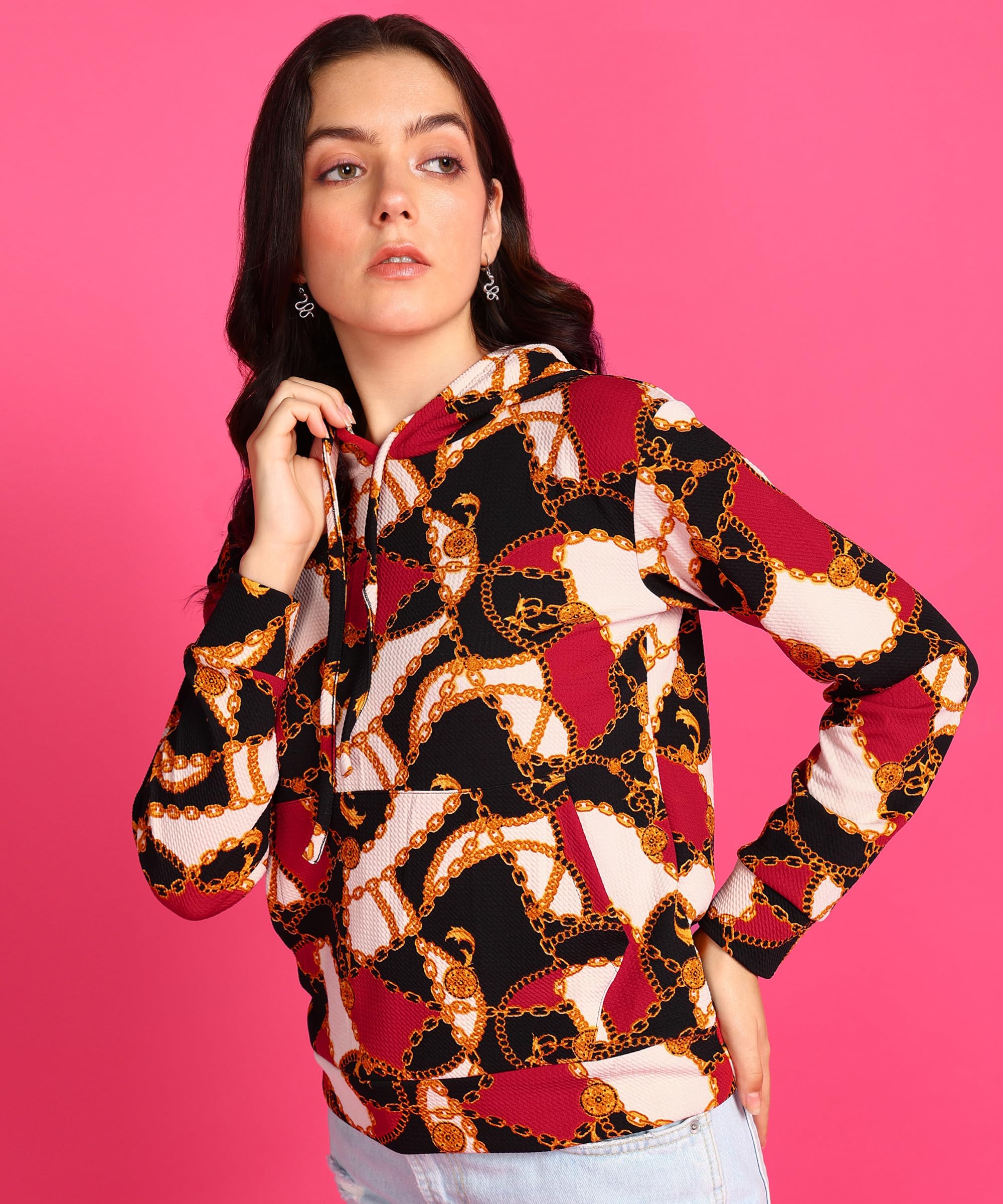 POPWINGS Women Casual Multicolor Chain Print Hooded Pocket Sweatshirt | Winter Wear | Trendy Printed Sweatshirts