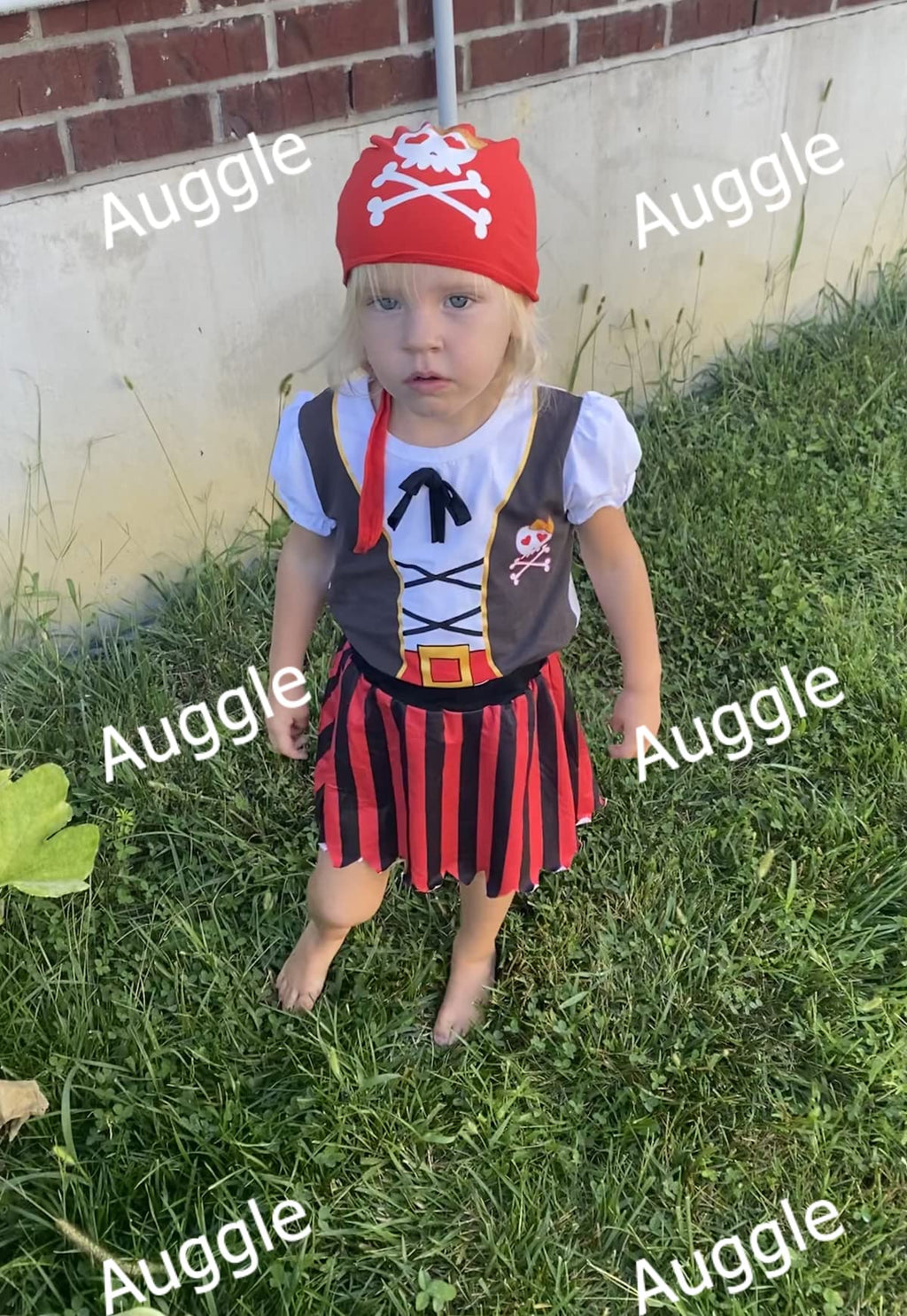 Auggle 3PC Toddler Baby Girl Outfits Halloween Costume Stripe Skirt Kid Pirate Short Sleeve with Hat (Red, 12-18 months)