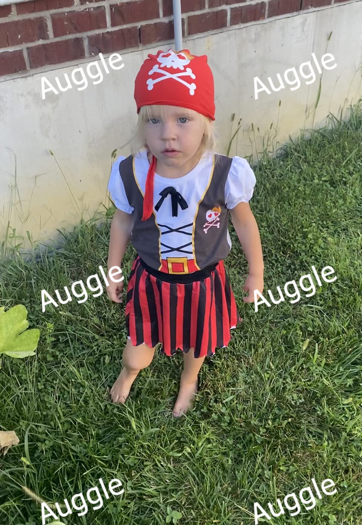 Auggle 3PC Toddler Baby Girl Outfits Halloween Costume Stripe Skirt Kid Pirate Short Sleeve with Hat (Red, 12-18 months)