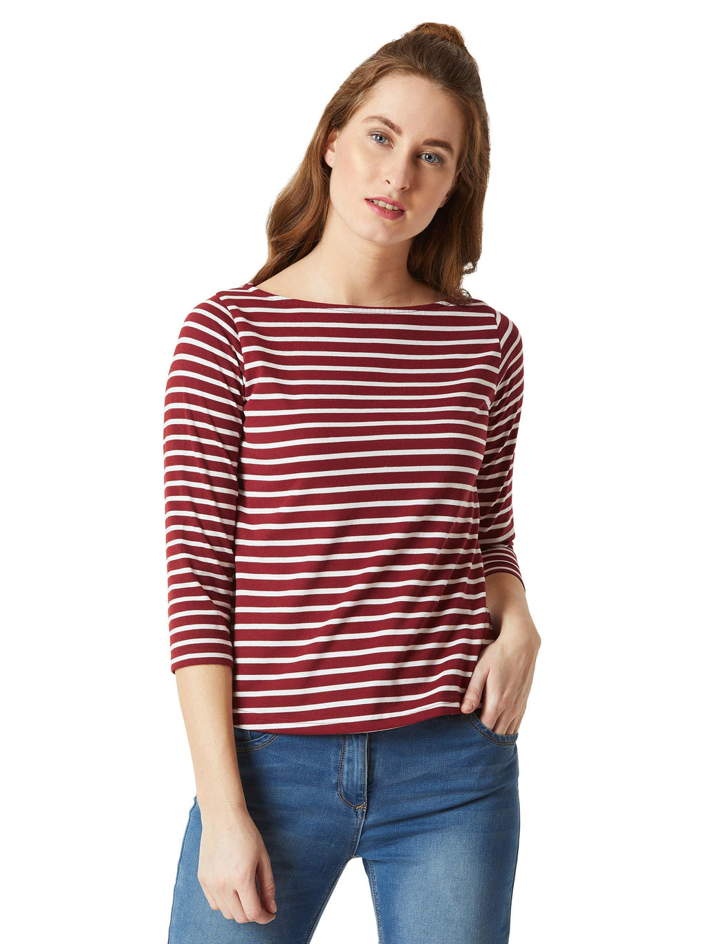 Miss Chase Womens Maroon & White Boat Neck 3/4th Sleeves Regular Basic Cotton Striped Top (MCAW18TP11-95-139-05, Maroon and Whi