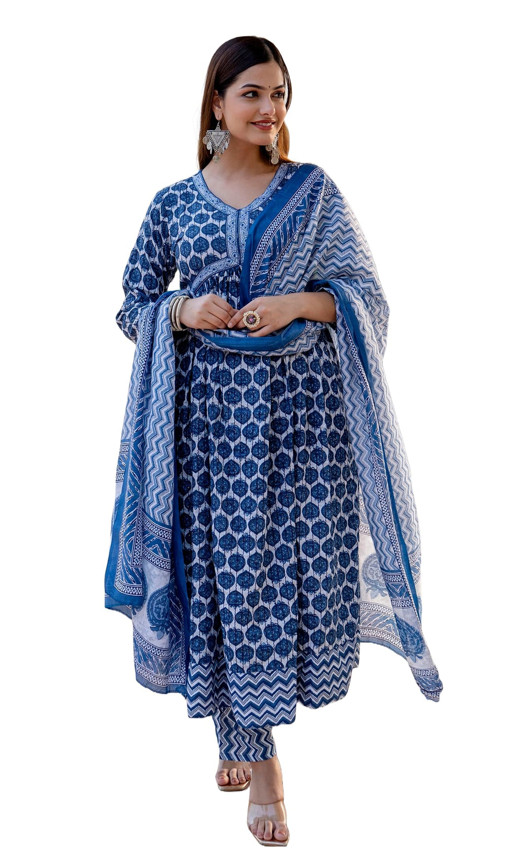 KLOSIA Women Printed Alia Cut Kurta and Pant Set with Dupatta (Small) White