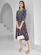 Toochki WomenS Navy Blue Rayon Paisley Print Fit & Flared Western Dress | Dress For Women | A Line Dress | Winter Dress | Weste