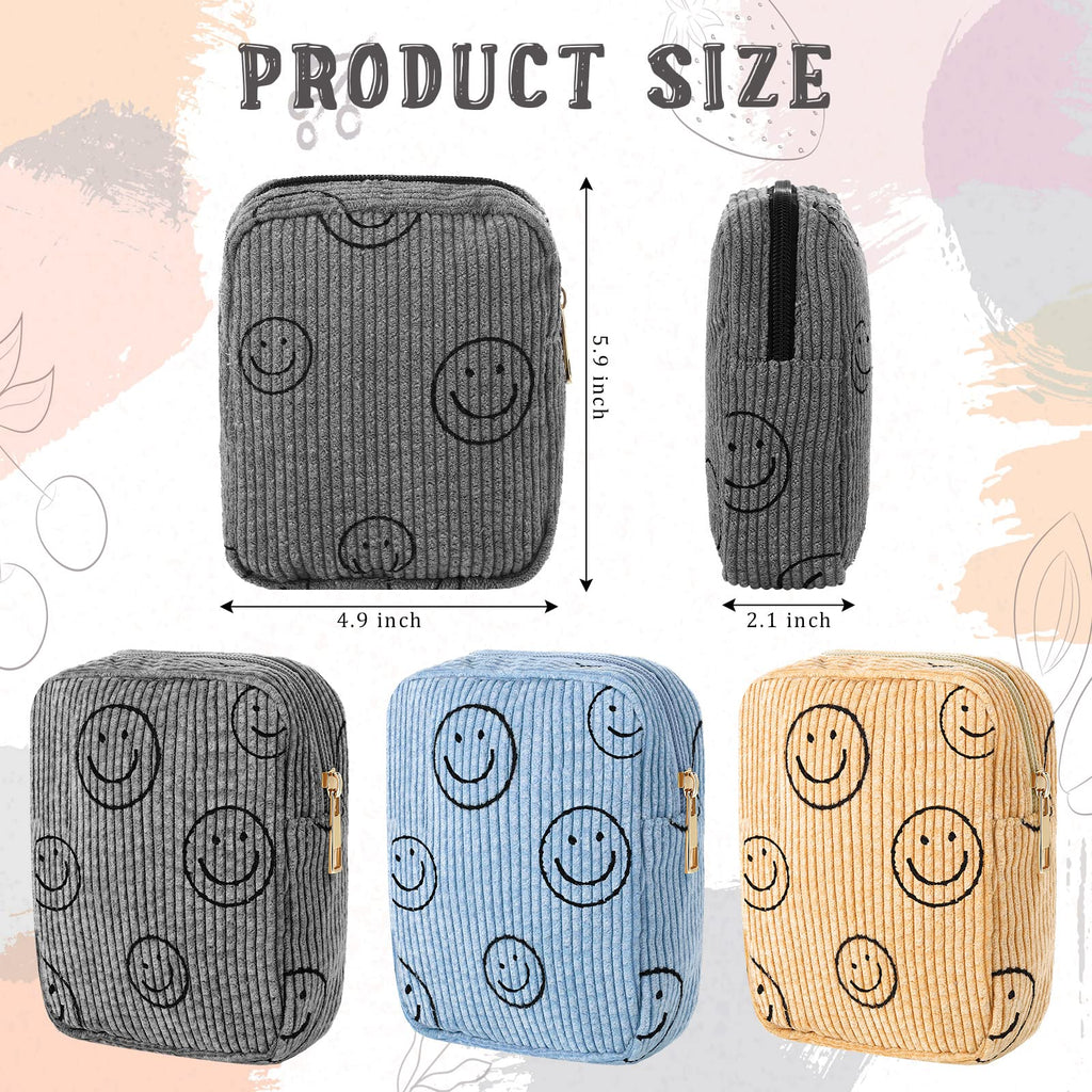 Photect 3 Pcs Corduroy Cosmetic Bag Smile Face Aesthetic Preppy Makeup Bag Corduroy Toiletry Aesthetic Pouch Travel Smile Bags
