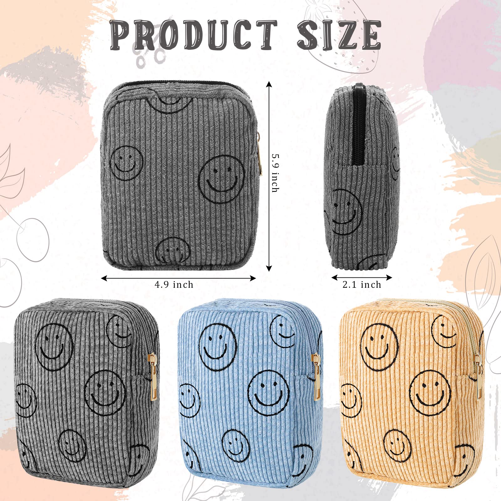 Photect 3 Pcs Corduroy Cosmetic Bag Smile Face Aesthetic Preppy Makeup Bag Corduroy Toiletry Aesthetic Pouch Travel Smile Bags