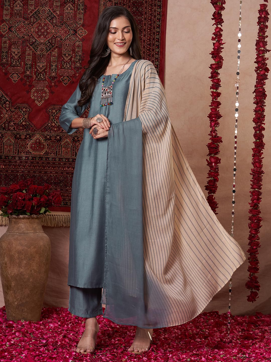 ANNI DESIGNER Women s Plain Viscose Straight Kurta with Trousers and Dupatta, grey, 3XL