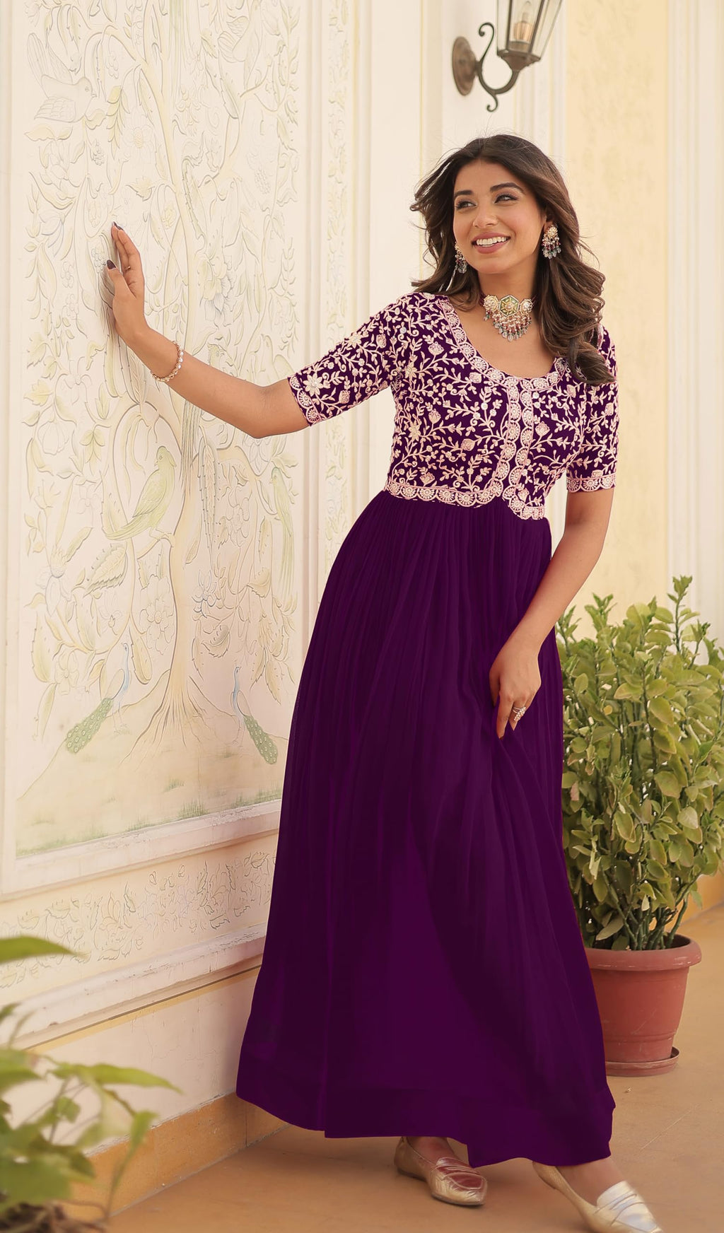 Wedani Georgette Embroidered Long Gown for Women Purple