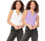 Shasmi Womens & Girls Solid Ribbed Polo Club Collar Sleeveless Slim Fit Simplicity Tank Tops (Pack of 2) (TOP 49 White Purple 