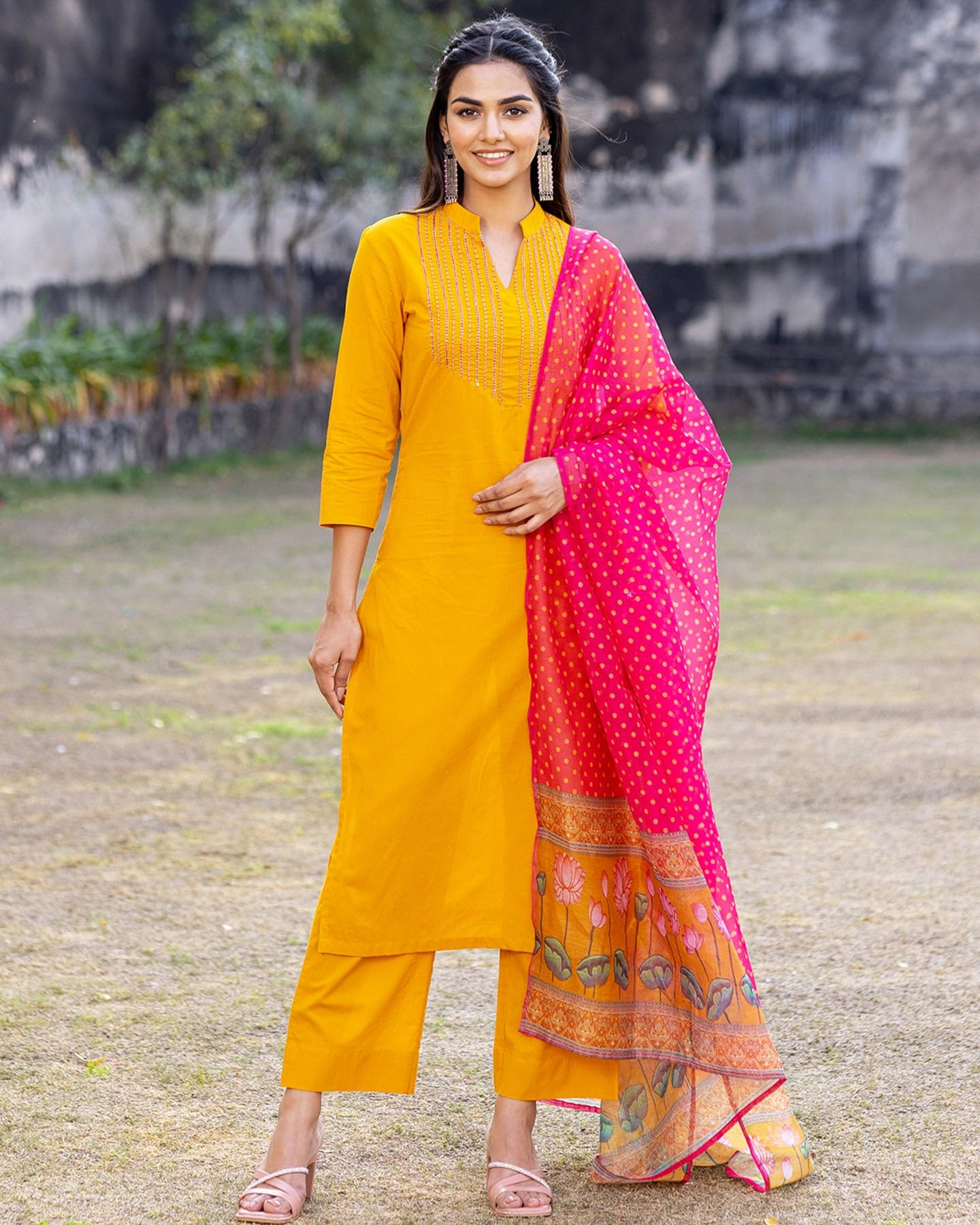 ANNI DESIGNER Womens Cotton Blend Straight Printed Kurta with Pant & Dupatta (Devanshi-Yellow_S_Yellow_Small)