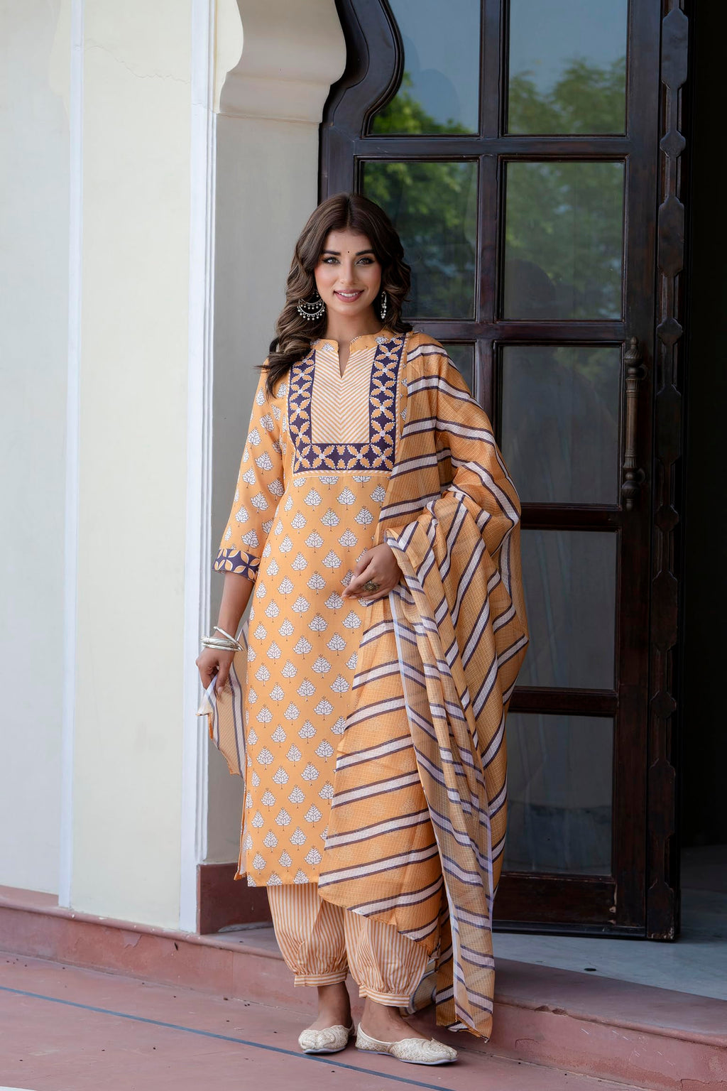 Yashika Women'S Cotton Blend Printed Straight Kurta Afghani Pant Dupatta Kurta Set-Ethnic Elegance Embodied | Perfect Fusion Of Tradition And Style