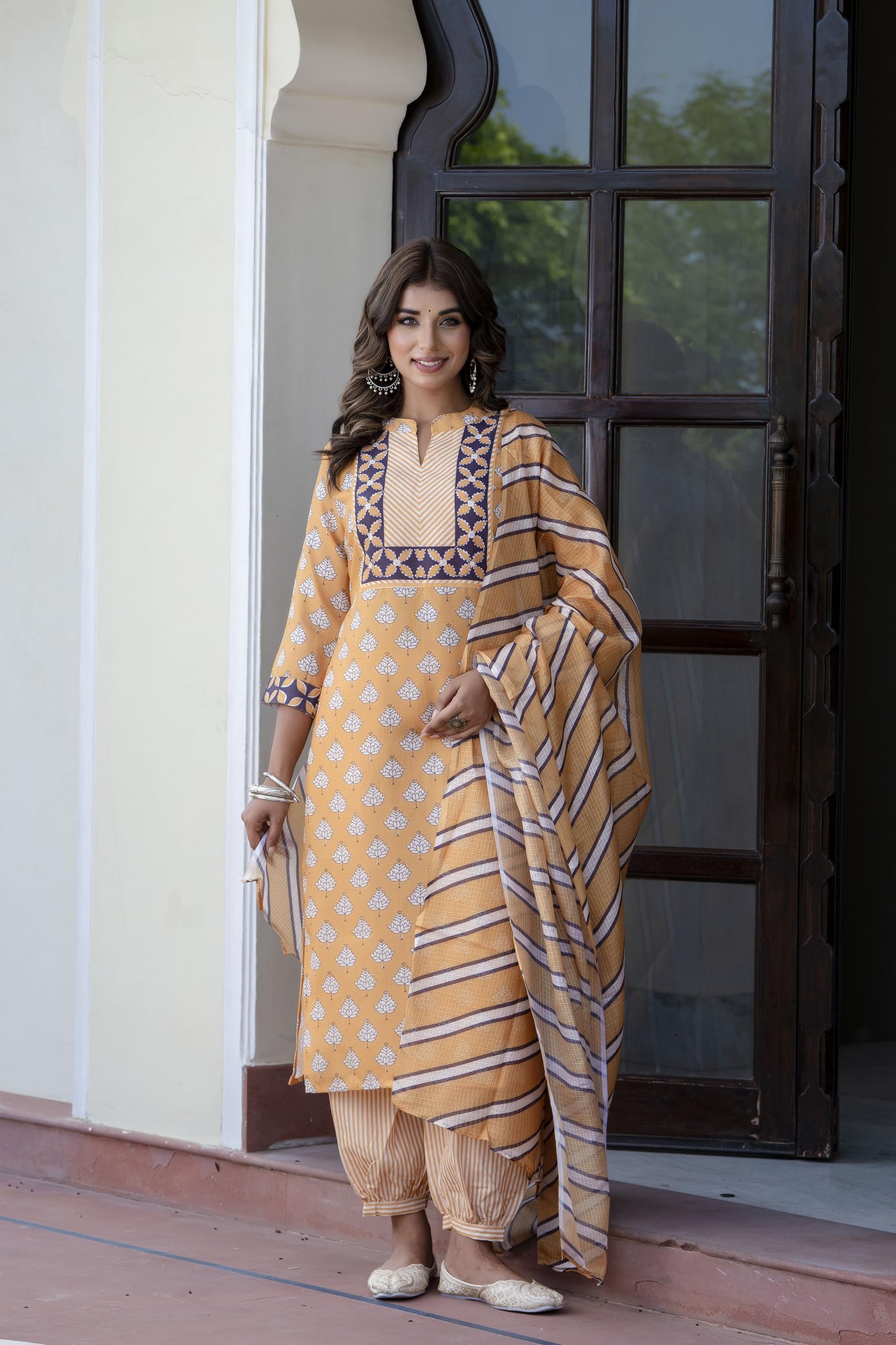 Yashika Women'S Cotton Blend Printed Straight Kurta Afghani Pant Dupatta Kurta Set-Ethnic Elegance Embodied | Perfect Fusion Of Tradition And Style