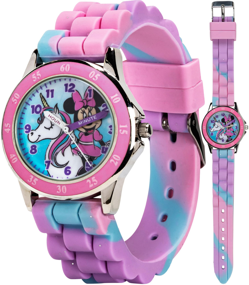 Disney Minnie Mouse Kids Time Teacher Watch with Hour & Minute Hands, Easy-to-Read Dial, and Glitter Silicone Strap - Pink & Blu