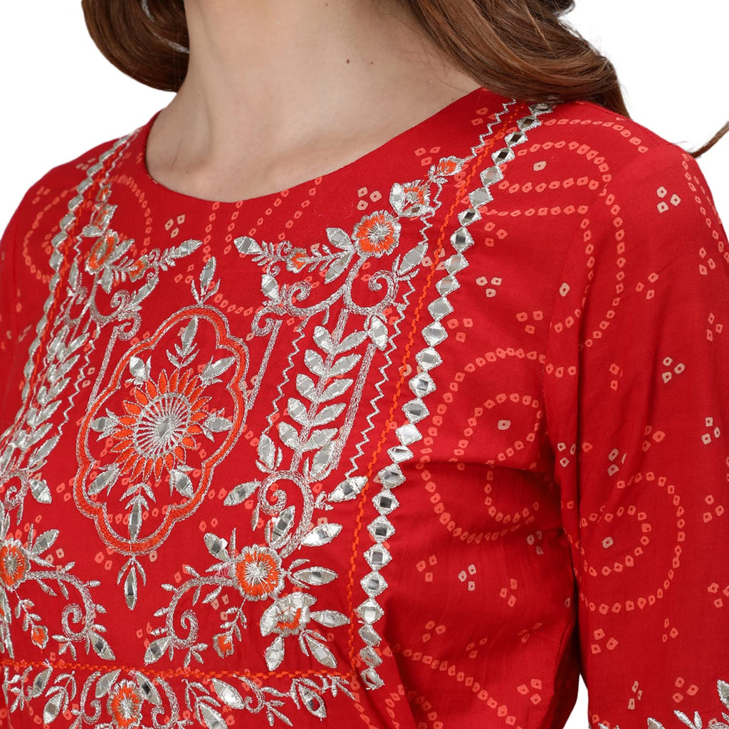 Ishin Women'S Cotton Red Yoke Design Embroidered Anarkali Tiered Kurta