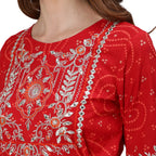 Ishin Women'S Cotton Red Yoke Design Embroidered Anarkali Tiered Kurta