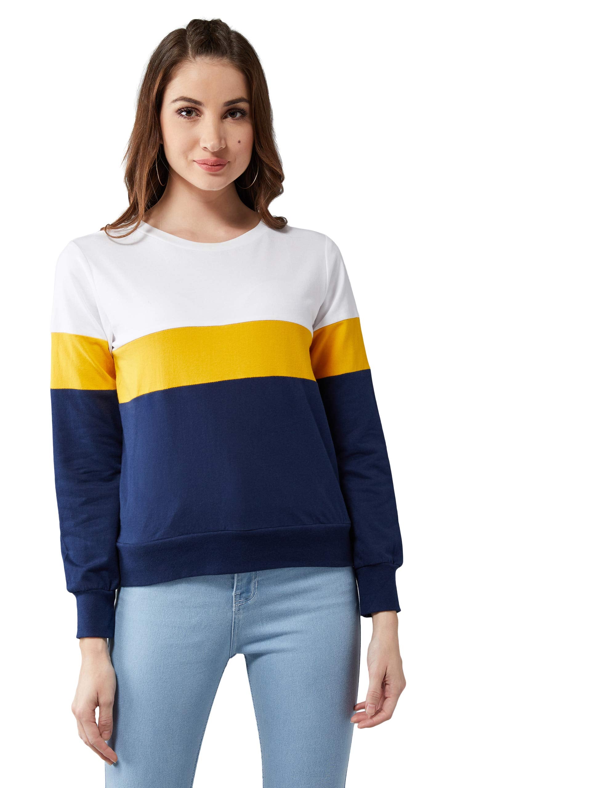 Dolce Crudo Womens Multicolored 100% Cotton Solid Colorblock Boxy Sweatshirt(DOAW18SWT01-65-178-03,Multicolor-Base Navy Blue,Sm