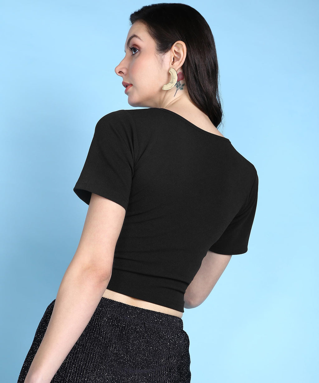 POPWINGS Women Casual Black Solid Short Sleeve Self Design Crop Top