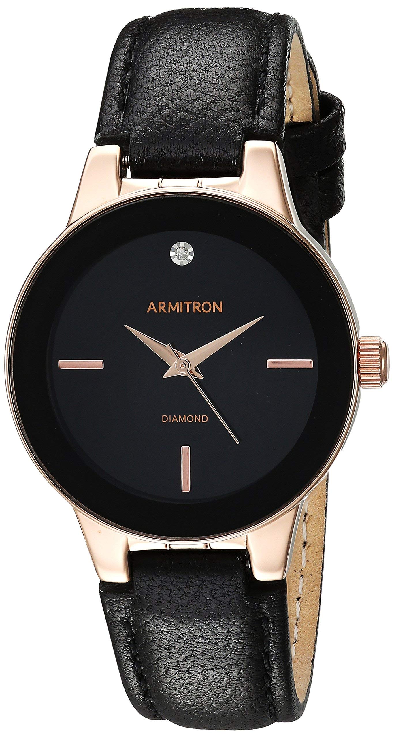 Armitron Women's 75/5410BKRGBK Diamond-Accented Rose Gold-Tone and Black Leather Strap Watch