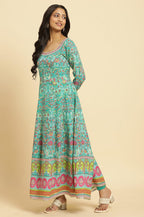 W Womens Green Floral Printed Kurta Dupatta Bottomwear with Thread Work