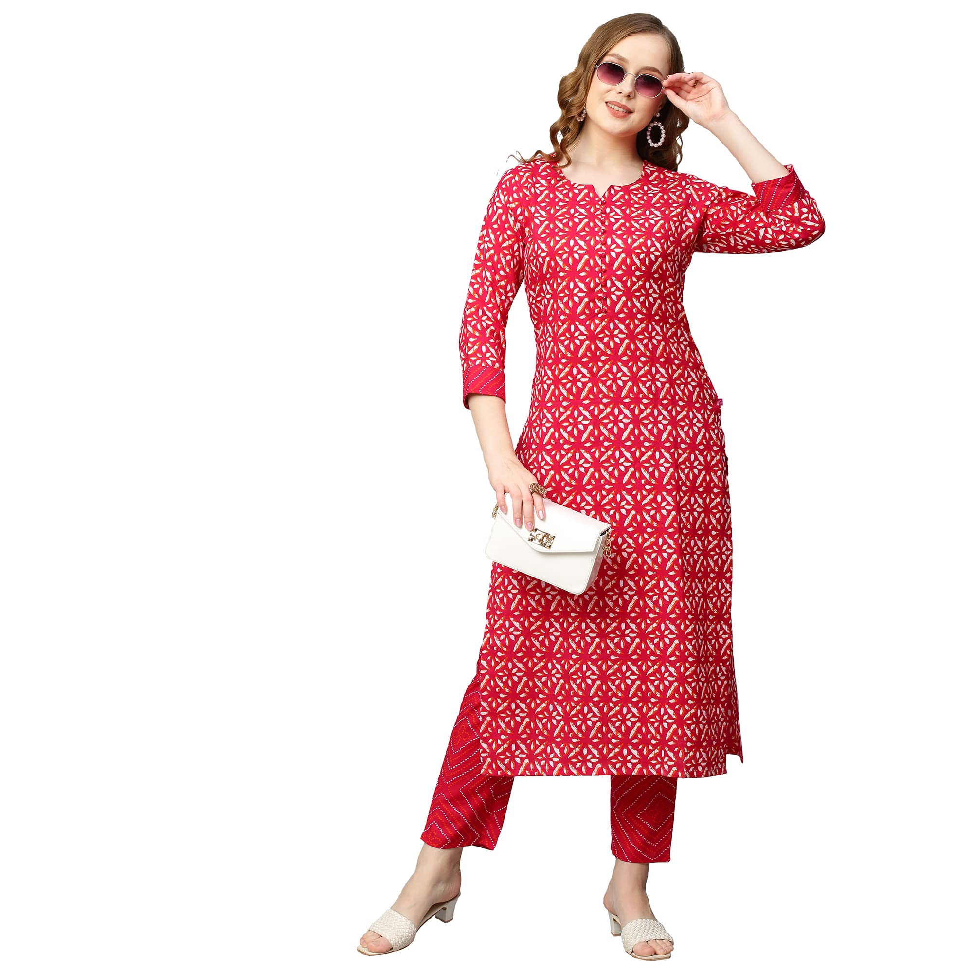 ANNI DESIGNER Womens Cotton Blend Straight Printed Kurta with Pant (Dravini Red_L_Red_Large)