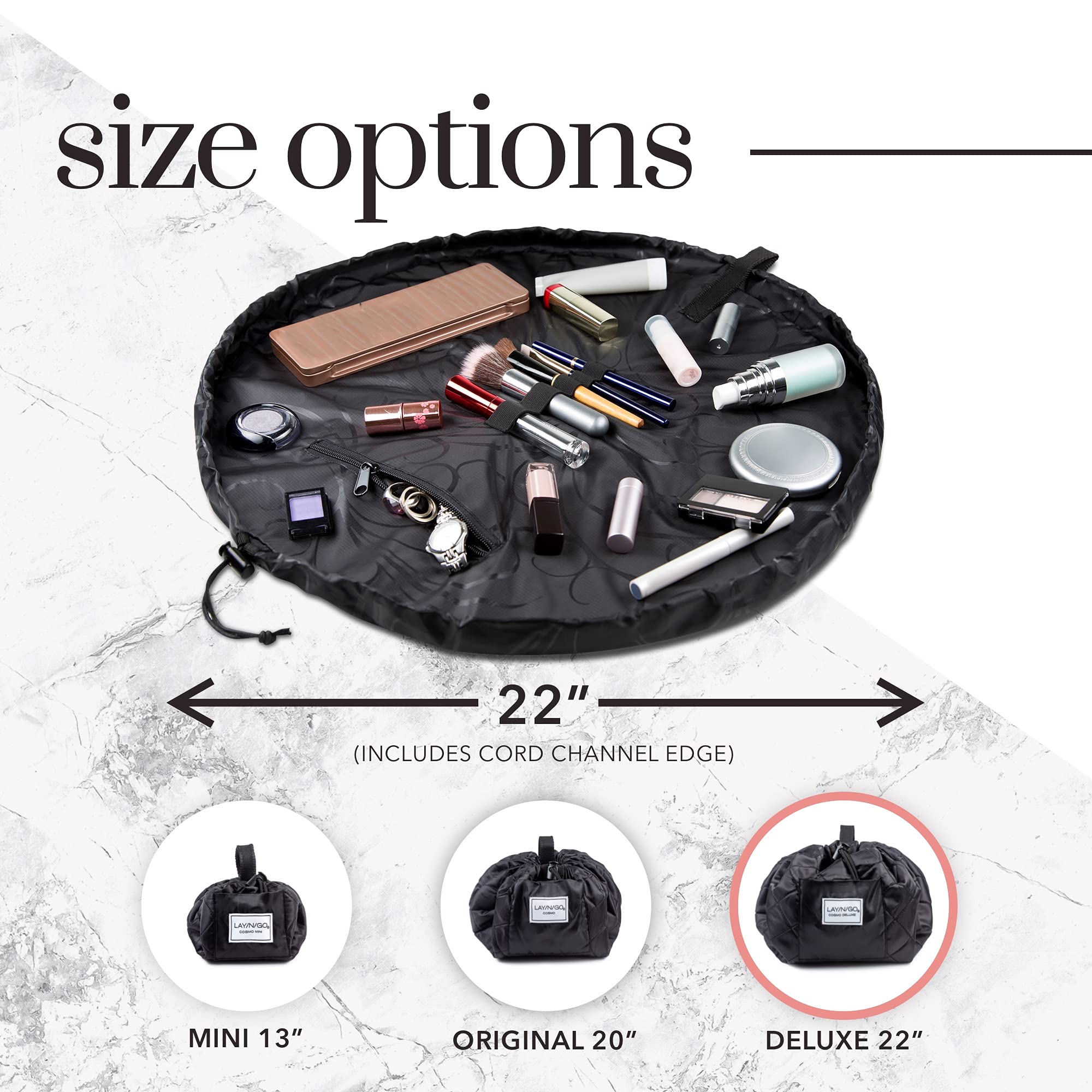 Lay-n-Go Cosmo Deluxe Drawstring Cosmetic Pouch & Makeup Bag Organizer, Toiletry Bag for Travel, Gifts, and Daily Use, 22 inch