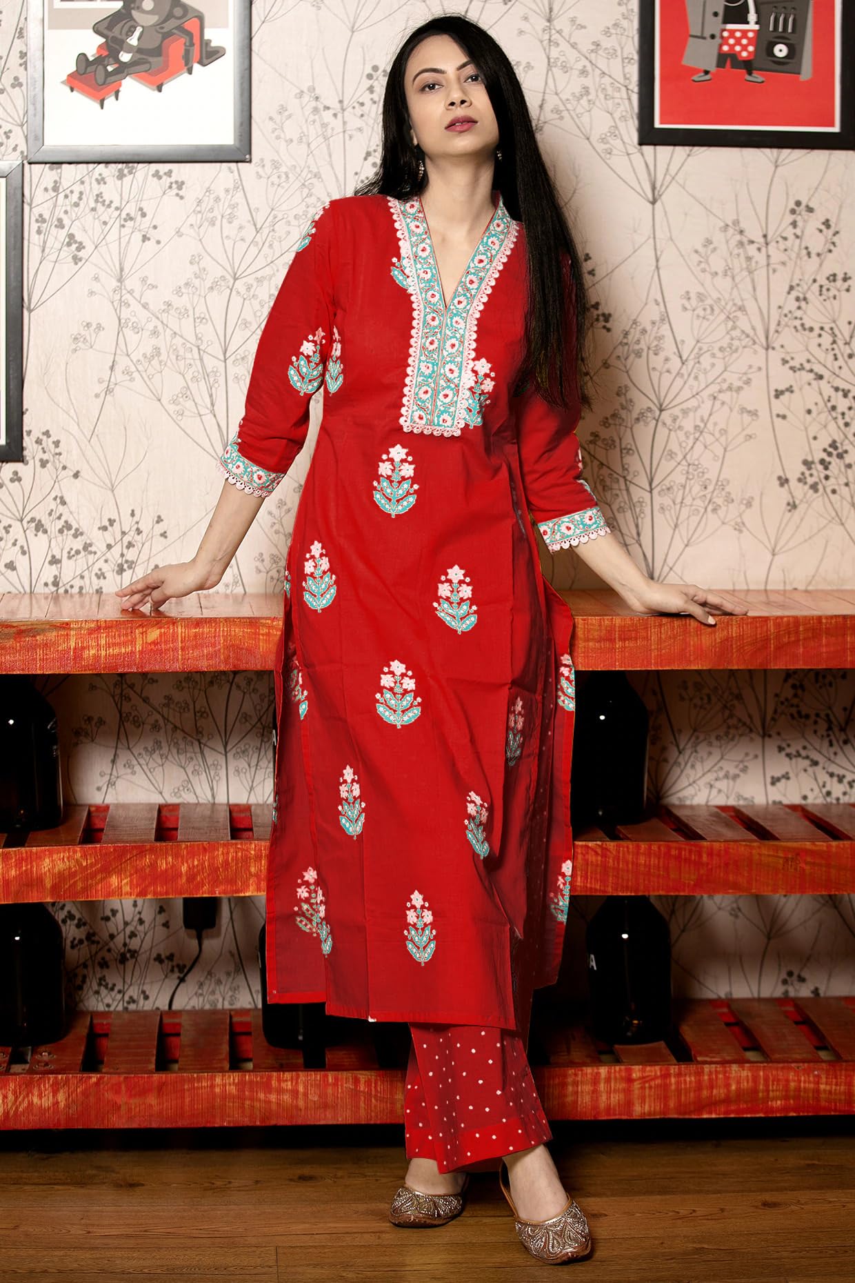 ANNI DESIGNER Women s Viscose Rayon Kurta with Trousers and Dupatta, Red, 48