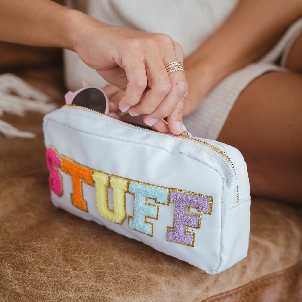 Fablinks Preppy Makeup Pouch, Chenille Varsity Letter Stuff Bag for Women, White Nylon Skin Care Patch Bags Organizer, Travel Ma