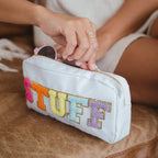 Fablinks Preppy Makeup Pouch, Chenille Varsity Letter Stuff Bag for Women, White Nylon Skin Care Patch Bags Organizer, Travel Ma