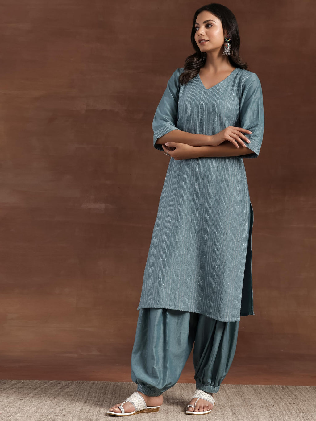 Libas Womens Self Design Silk Blend Straight Kurta With Salwar And Dupatta