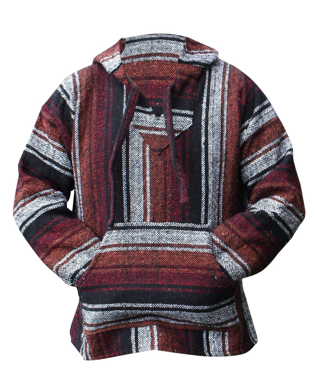 Mexican Baja Hoodie Hippie Surf Poncho Sweater Sweatshirt Pullover Jerga (XX-Large, Burgandy/Rust)