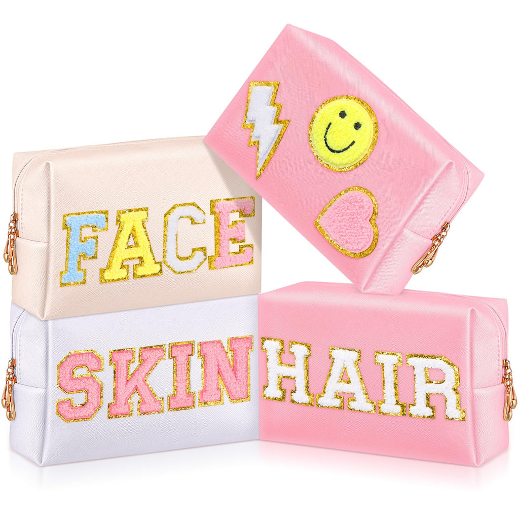Sanwuta 4 Pcs Hair Face Skin Travel Bag Set Preppy Makeup Pouch PU Leather Skincare Bag Waterproof Cosmetic Organizer Birthday C