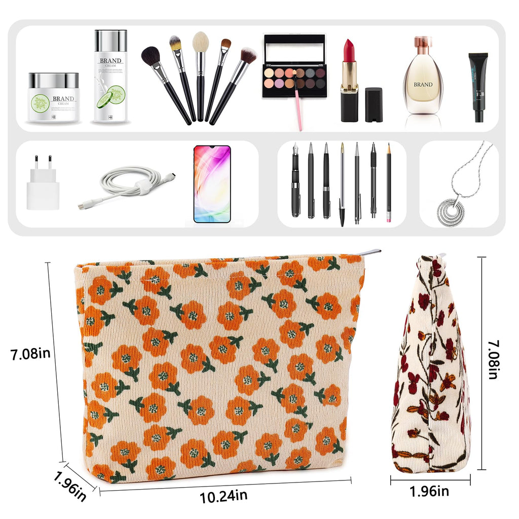 ZLFSRQ 2Pcs Daisy Flower Makeup Bag Travel Cute Cosmetic Bags for Women Large Floral Makeup Pouch Zipper Cosmetic Pouch Set for
