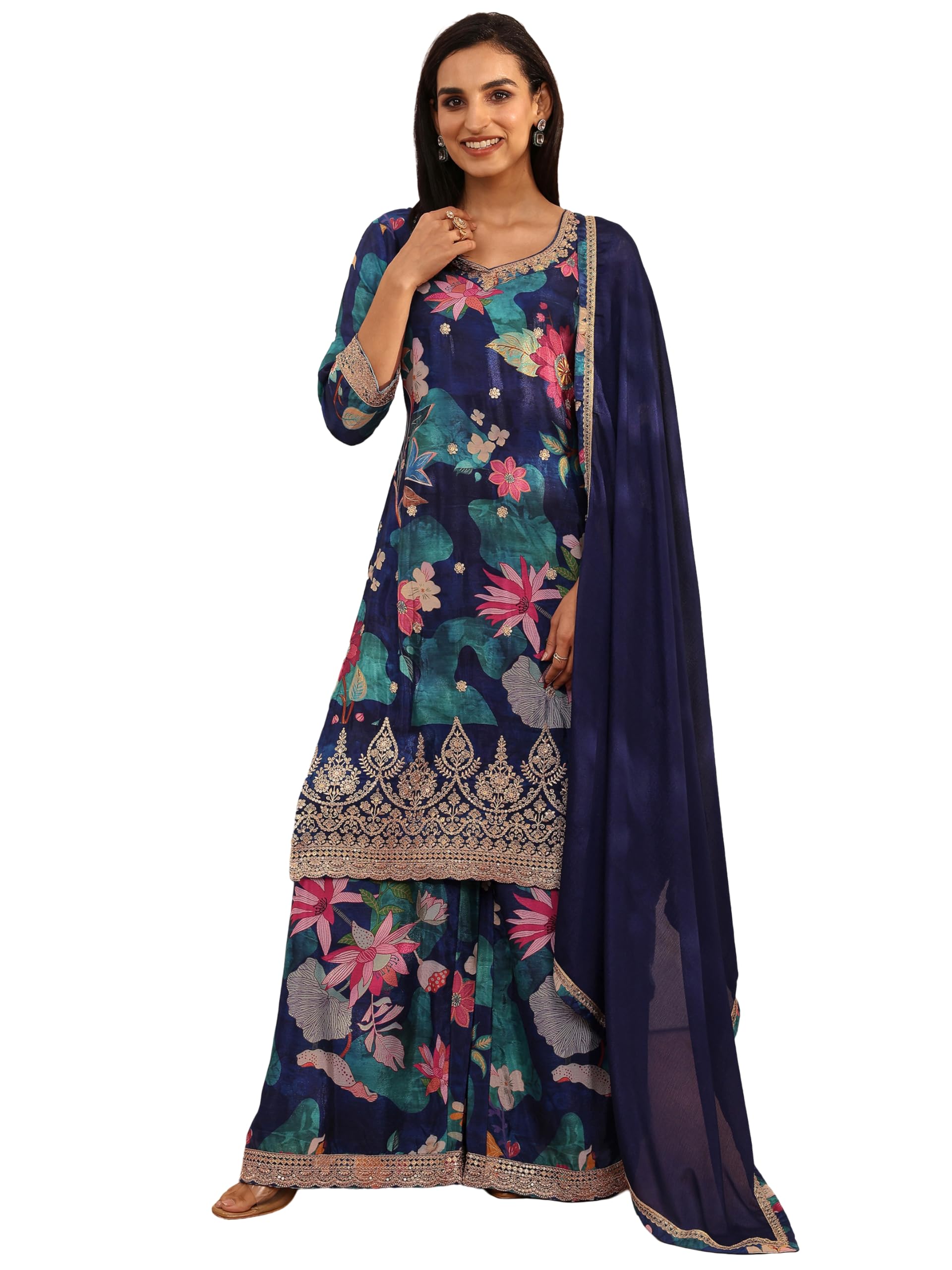 Libas Printed Chinon Straight Kurta With Palazzos With Dupatta (51846Xxl)