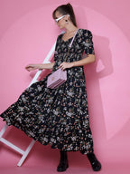 Sheetal Associates WomenS Casual Puff Sleeves Crepe Floral Print Fit And Flare Dress Black