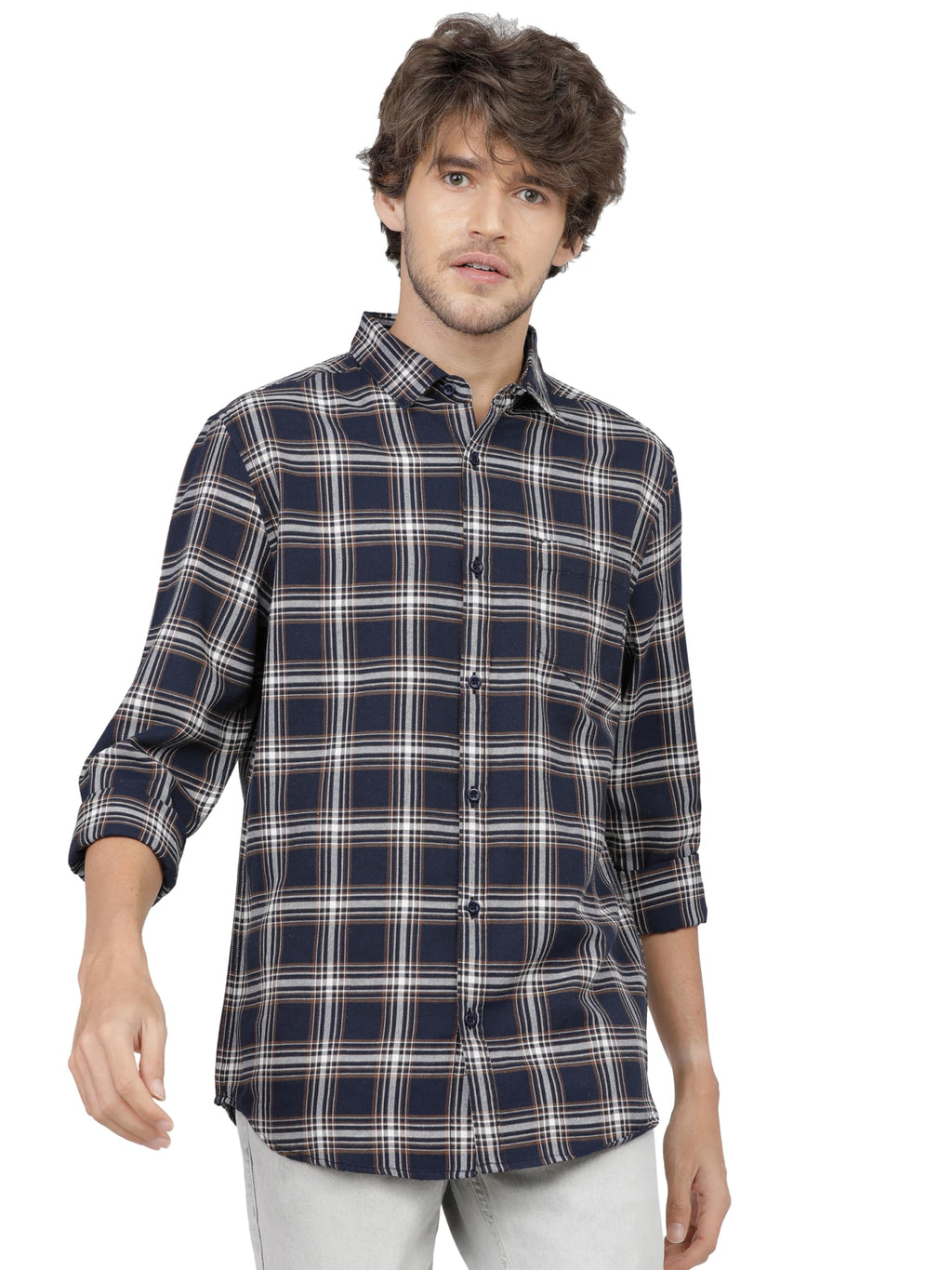 Ketch Cotton MenS Checkered Slim Fit Shirt (Khsh000247_Navy Blue/White S)