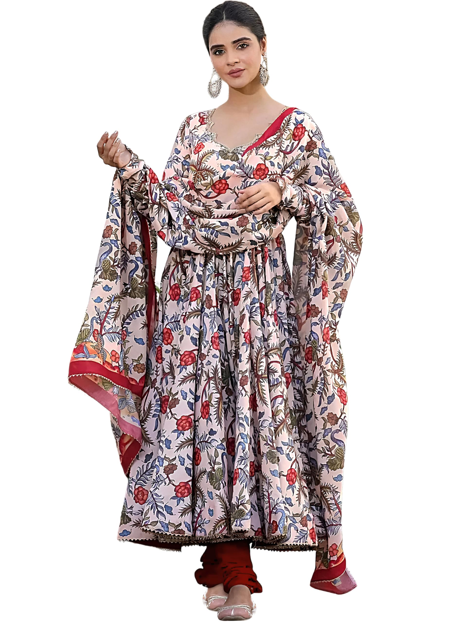 Pinkmint Elegant Womens Muslin Printed Anarkali Kuirta Set with Matching Dupatta Festive Occasions Ethnic Wear Multicolour